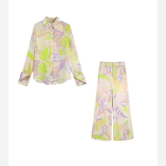 Zara multi spring color long sleeve blouse  and pants - Picture 1 of 7